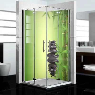 Produktbild von dedeco Eck-Duschrückwände Aluminium wasserfest Motiv: Zen V2, Nano-Protect seidenmatt, 2 x 90x210x0,3cm, Fliesenersatz fugenlos Wandverkleidung Wandpaneele,  Germany