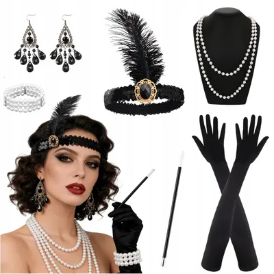 Produktbild von 20er Jahre Kostüm Set 6-Teilig - Einheitsgröße - Schwarz - Flapper Gatsby Accessoires