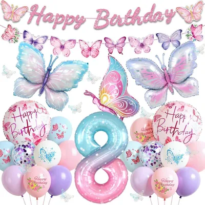 Immagine prodotto di Set di decorazioni per il compleanno, 8 anni, per bambine - 46 pezzi: palloncini, ghirlanda, palloncini a forma di farfalla, rosa