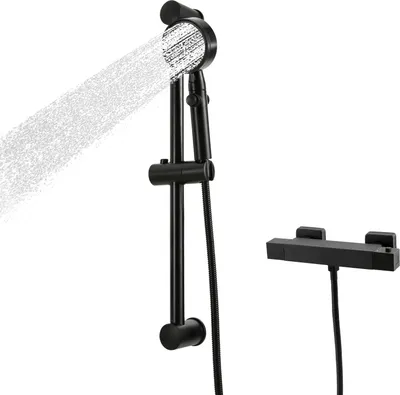 A black thermostatic shower mixer system with a showerhead and a wall-mounted control panel, shown against a white background.