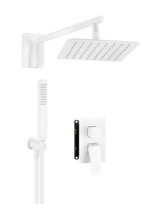 A white shower set with a rain showerhead, handheld shower, and control panel, displayed against a white background.