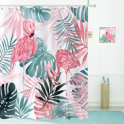 Produktbild von Duschvorhang, 180x200cm, Sommerrosa Flamingogrün tropisches Blatt, wasserdicht und schimmelresistent, maschinenwaschbar mit Haken.
