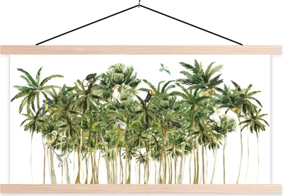 Produktbild von MuchoWow® Textilposter Dschungel - Palme - Vögel 60x30 cm mit holzfarbenen Rahmen - Dekoration