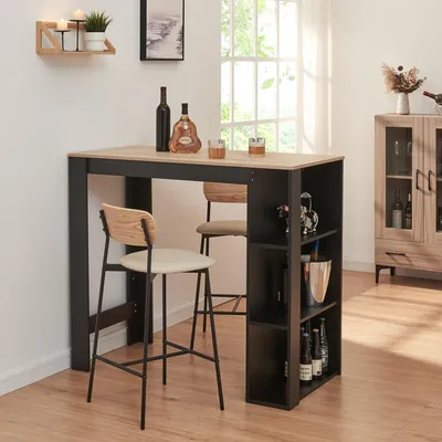 A bar table with stools and shelves in a room with a window.