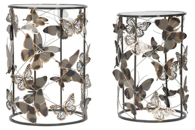 Image de Paire De Tables Basses Papillon Multicolores En Métal Et Verre - Dimensions : 41,3 X 55 Cm Et 35 X 50,3 Cm - Design Décoratif, Original Et Glamour