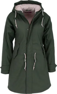 A green hooded parka jacket with white drawstrings and a faux fur lining.