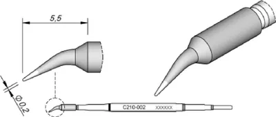 Obrázek produktu pro JBC pájecí hrot řady C210, kulatý tvar, C210002/Ø 0,2 mm, zahnutý C210002