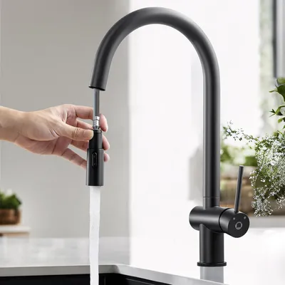 Produktbild von Küchenarmatur Schwarz Ausziehbar 2 Strahlarten 360° Drehbar Edelstahl Mischbatterie mit Brause Hochdruck
