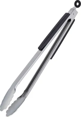 Produktbild von 4 x Grillzange, Edelstahl, mit Holzgriff, lange Kochzange für Grill & Küche, 38 cm, Küchenzange mit Öse, silber/natur