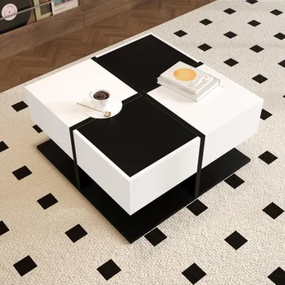 Produktbild von Couchtisch mit 2 Schubladen, Quadratischer Wohnzimmertisch mit Stauraum, Hochglanz Kaffeetisch mit Schubladenschienen 70×70×35,5 cm