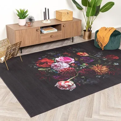 Produktbild von Volero - Teppich Floral - Florine Schwarz Rosa - 140x200 cm - Wohnzimmer, Esszimmer, Schlafzimmer - Boho, Industrielle, Ländlich, Modern