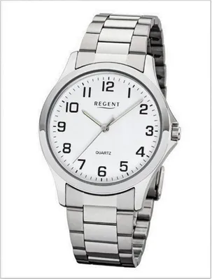 A close-up studio shot of a silver analog wristwatch with a white face.