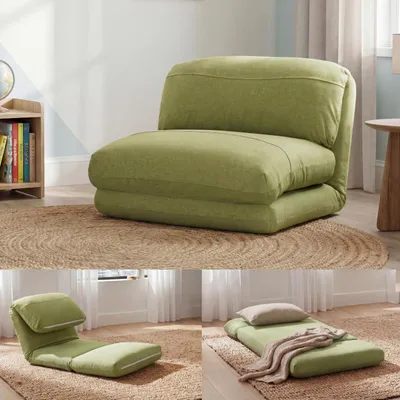 A collage of a green folding chair/bed in different configurations, set in a room with a rug and a bookshelf.