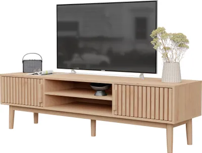 Obrázek produktu pro TV skříňka 150 cm, TV stolek, nízká skříňka se 2 skříňkami pro 65palcovou TV, prolamované dveře skříňky, TV komoda, hi-fi skříňka do obývacího pokoje/ložnice, venkovský styl, původní barva dřeva