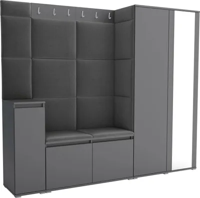A modern hallway set with upholstered panels, a bench, and storage cabinets.