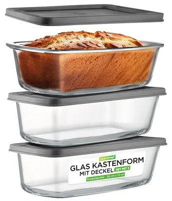Obrázek produktu pro Nutrichef, skleněná forma na chléb s víkem, sada 3 kusů, objem 1,8 l – forma z borosilikátového skla