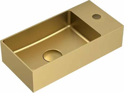 A gold-colored sink with a drain hole and a faucet hole on a white background.