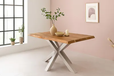 Produktbild von Esstisch Baumkante Akazie massiv 50mm Natur 180 x 90 cm Spider-Gestell silber CALI