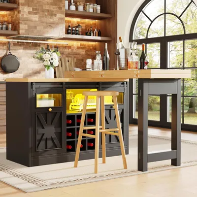 Immagine prodotto di Tavolino bar girevole a 360°, con piano estendibile e illuminazione LED, colore nero, dimensioni 120-197x40x72 cm