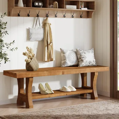 Produktbild von Tribesigns 140 cm Lange Sitzbank, Holzbank im Landhausstil mit Stauraum, Massivholz Sitzbänke, Eingangsbank, Sitzfläche