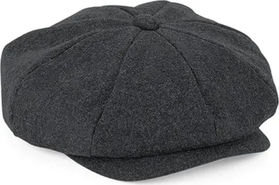 A dark gray baker boy cap is shown from a slightly elevated side angle against a white background.