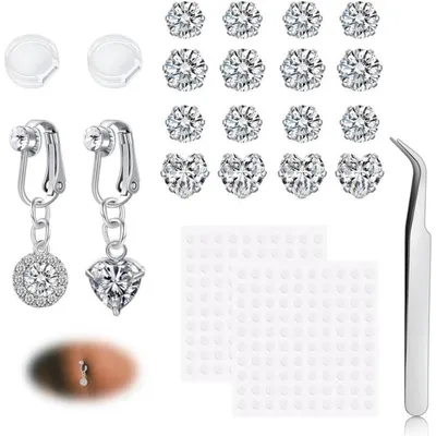 Productafbeelding van Buikpiercing clip-on, chirurgisch staal, zilver, vlinder, hart, maan, zirkonia, set van 2