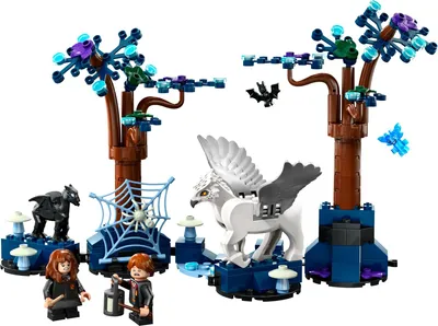 A LEGO set depicting a scene from the Forbidden Forest with magical creatures.