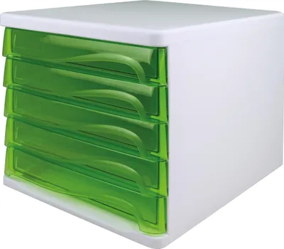 Image de boîte à tiroirs helit, 5 tiroirs, gris clair/vert transparent en polystyrène/ABS, empilable, avec poignée encastrée pour faciliter le rangement (H6129450)