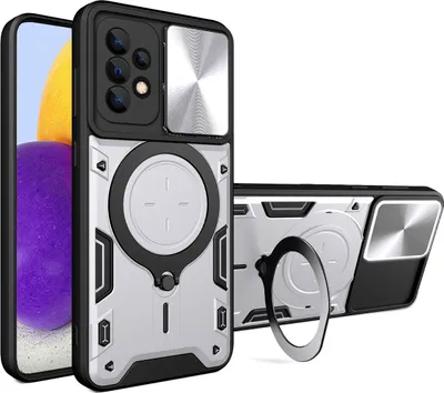 Produktbild von Handyhülle für Samsung Galaxy A72 Dual-Layer Stoßfest Rüstung Hülle mit Dia Kameraschutz und Kreisförmig Ring Ständer Silber
