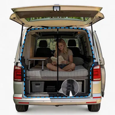 Produktbild von PromoHome® Magnetisches Mückennetz für VW T5 T6 Heckklappe – Insektenschutz und Sonnenschutz, 3-Wege-Reißverschluss, schnelle Montage