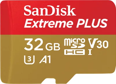 A close-up, front-facing view of a SanDisk Extreme PLUS 32GB microSD card.