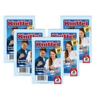 Immagine prodotto di Schmidt Spiele Kniffelblock 5er Set, Zusatzblock, Familienspiel, Brettspiel, 2 bis 8 Spieler, 5 x 600 Spiele
