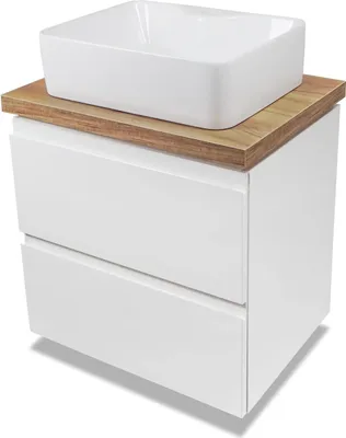 Produktbild von VBChome Badmöbel 60 cm Weiß Aufsatzwaschbecken mit Hahnloch 49x38 cm Aufsatzwaschtisch mit Waschbeckenunterschrank 2 Schubladen Moduo Badezimmerschrank Modern