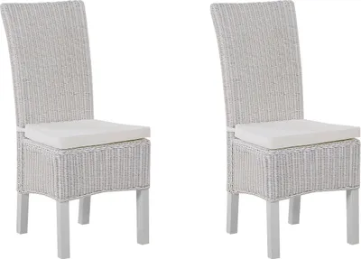 Produktbild von BELIANI Esszimmerstuhl 2er Set Weiß Rattan mit Sitzkissen Mangoholzbeine Hoher Rückenlehne ohne Armlehnen Rattanstuhl modernes Design für den Innenbereich
