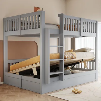 Produktbild von Etagenbett 140x200 cm mit hydraulischem Stauraum, Kinderbett mit 2 Schlafebenen, integrierten Stufen und Lattenrost unten, Kiefernholz, Grau
