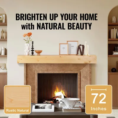 Produktbild von SucceBuy Kaminsims, 72" x 8" x 5", hält bis zu 50 lbs, Kaminsims aus Naturholz für über dem Kamin, an der Wand montiertes schwebendes Bauernhausregal, handgefertigtes rustikales Naturdekor