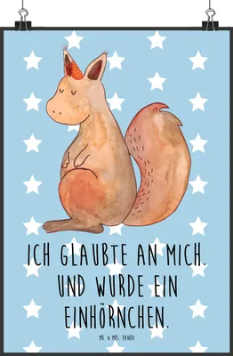 Produktbild von Mr. & Mrs. Panda Bild Einhorn Glauben DIN A2 - Blau Pastell - Geschenk, Einhörnchen, drucke, wanddeko, Plakat, Kunstdruck, Einhörner, Eichhorn, Unicorn, Eichhörnchen