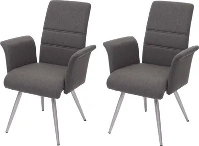 Produktbild von 2er-Set Esszimmerstuhl MCW-G55, Küchenstuhl Stuhl mit Armlehne, Stoff/Textil Edelstahl gebürstet  grau-braun