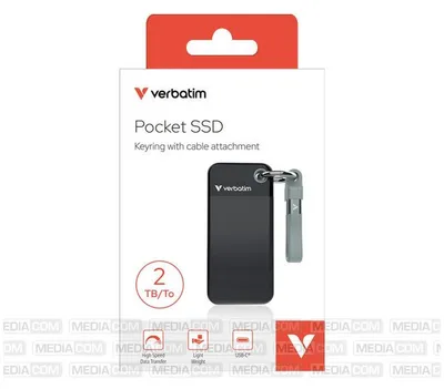 Produktbild von Verbatim Pocket SSD, 2 TB, USB Typ-C, 3.2 Gen 2 (3.1 Gen 2), 1000 MB/s, 10 Gbit/s, Schwarz, Grau