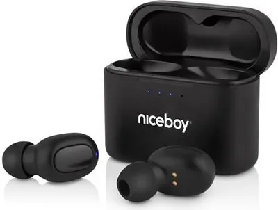 A pair of black wireless earbuds and their charging case are displayed on a white background.