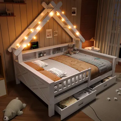Produktbild von Holz-Plattformbett Hausform 140x200, LED, Ablagefächer, Schubladen, Schutzgitter