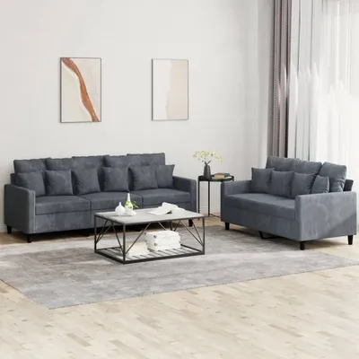 Produktbild von 2-tlg. Sofagarnitur mit Kissen Dunkelgrau Samt , Schlafsofas 2024 Neu
