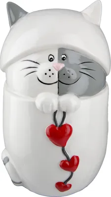 Produktbild von Gilde Spardose Katze "Amor" weiß/grau mit Herzen und Gummistopfen H: 18 cm B: 10 cm T: 11 cm Ø 13 cm 32094