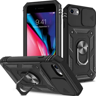 A black iPhone 8 Plus case with a sliding camera cover and a ring holder is displayed from multiple angles.