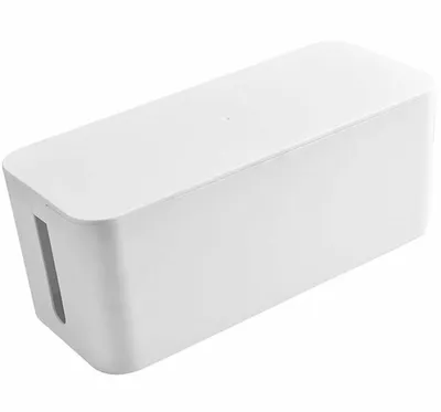 A white cable management box shown from a slightly elevated side angle against a white background.