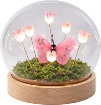 Produktbild von LED Deko Kugel Rosa Blumen Schmetterling Glaskugel mit Holzsockel Timer