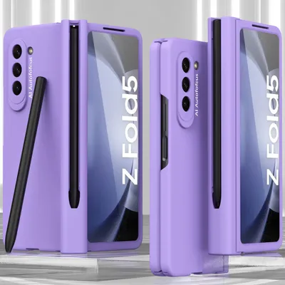 Two purple Samsung Galaxy Z Fold 5 phones with cases and styluses are displayed side-by-side against a light gray background.