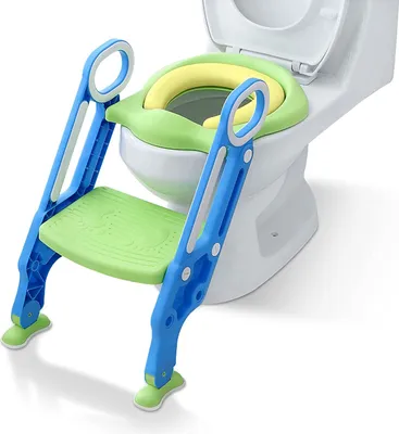 Produktbild von TRMLBE Toilettensitz Kinder mit Treppe Faltbar Töpfchentrainer Höhenverstellbar WC Trainer mit PolyurethanGepolstert Kissen und Griffen Töpfchen für Kinder von 1-7 Jahren Kleinkinder - Blau und Grün