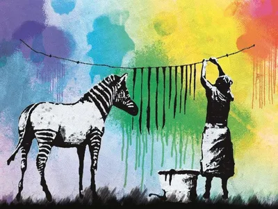 Produktbild von Banksy Bilder Leinwand-Bild Auf Keilrahmen | XXL-Wandbild Poster Kunstdruck Als Leinwandbild - Zebra Streifen Waschtag (30 x 40 cm)