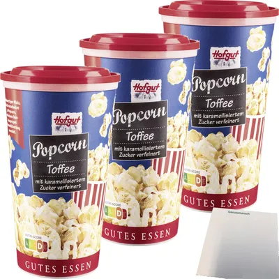 Produktbild von Hofgut Popcorn Toffee Becher 3er Pack (3x100g Becher) + usy Block